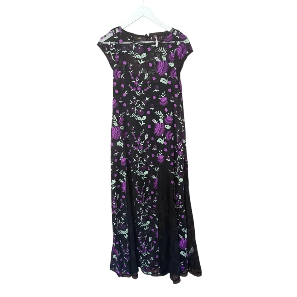 Free People Sky Bright Floral Embroidered Sheer Lace Overlay Midi Dress size XS